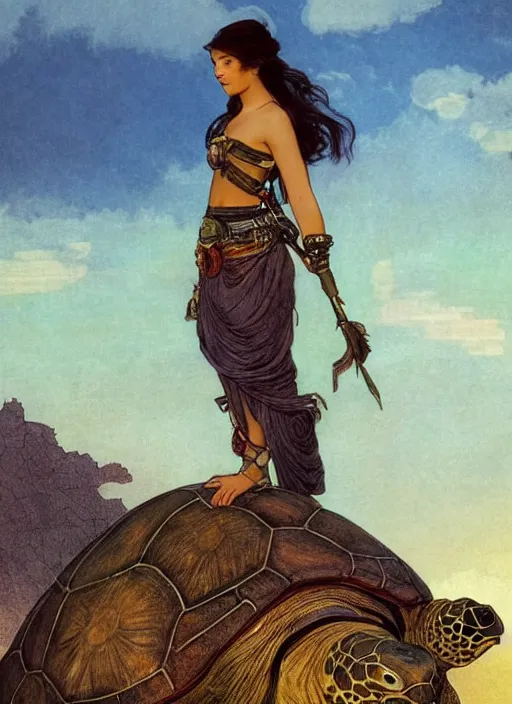 Image similar to a little warrior girl standing on top of one giant turtle in the desert. the girl has dark skin and beautiful green eyes, realistic full body and a very beautiful detailed symmetrical face with long black hair. diffuse light, dramatic sky and landscape, extreme long shot fantasy illustration by mucha