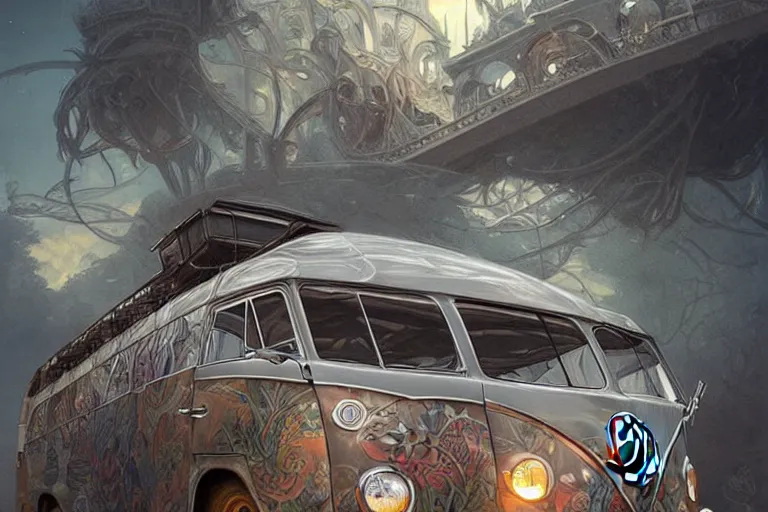 Prompt: VW surf bus, fantasy, elegant, intricate, highly detailed, digital painting, artstation, concept art, sharp focus, illustration, art by artgerm and greg rutkowski and alphonse mucha