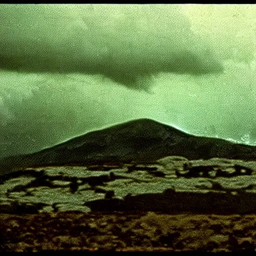 Image similar to eerie, greek fantasy landscape, a giant translucent shining ghost face in the stormy clouds, stanley kubrick movie frame