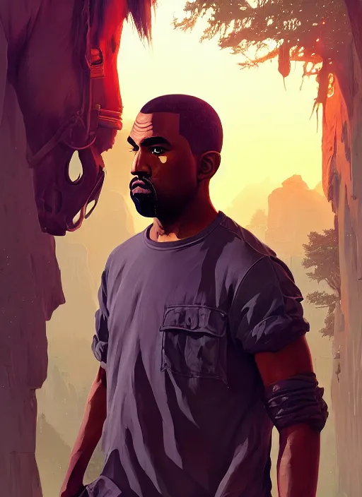 Image similar to highly detailed portrait kanye holding ak in gta v stephen bliss unreal engine fantasy art by greg rutkowski loish rhads ferdinand knab makoto shinkai lois van baarle ilya kuvshinov rossdraws tom bagshaw global illumination radiant light detailed intricate environment