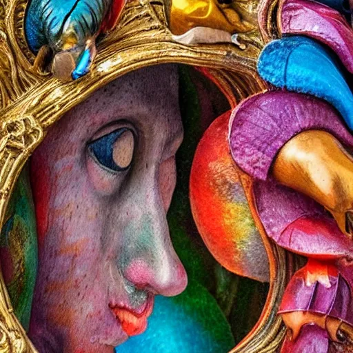 Image similar to giant colourful tiny intricate variations of detail cool beautiful creature sculpture, full deep focus maximalist photography, hieronymus bosch, reflections, 8 k