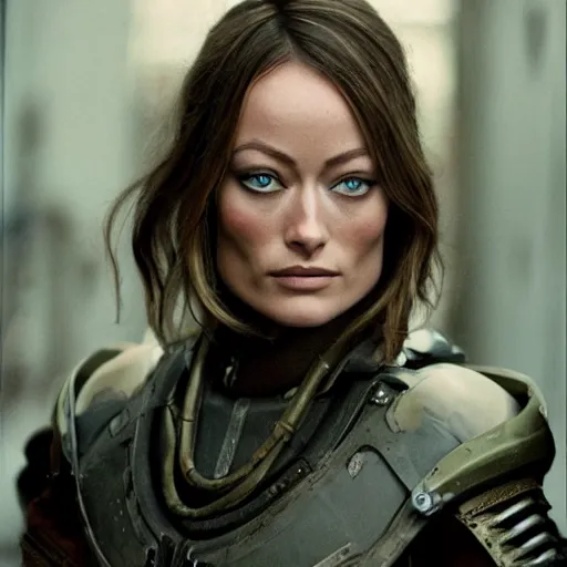 Image similar to beautiful portrait of Olivia Wilde, clothed in military armor, 35mm, cinematic atmosphere, photorealistic, depth of field, from StarCraft, style of irwing penn and steve mccurry
