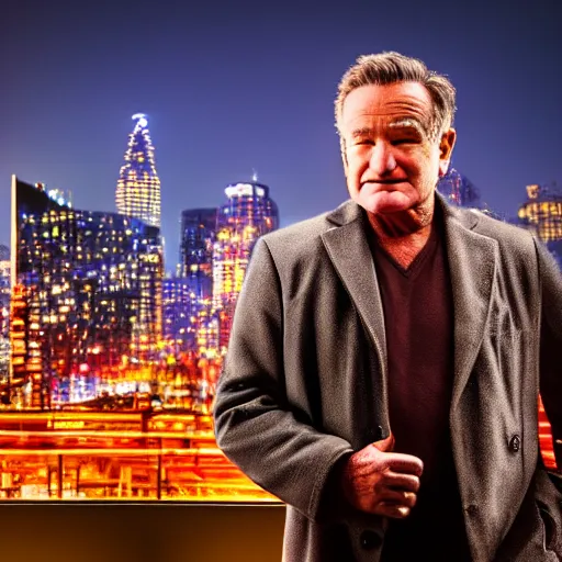 Image similar to a still of Robin Williams. Shallow depth of field. City at night in background, lights, colors ,studio lighting, mood, 4K. Profession photography