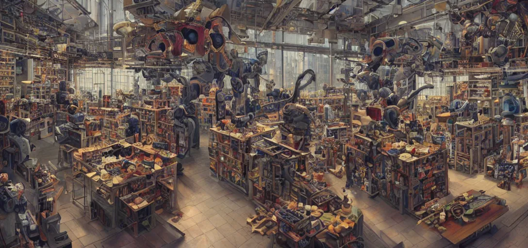 Prompt: a gorgeous view into a robotics store, non-repeating, unique items, oil on canvas, intricate, portrait, 8k highly professionally detailed, HDR, CGsociety, illustration painting by Mandy Jurgens and Małgorzata Kmiec and Dang My Linh and Lulu Chen and Alexis Franklin and Filip Hodas and Pascal Blanché and Bastien Lecouffe Deharme, detailed intricate ink illustration, heavenly atmosphere, detailed illustration, hd, 4k, digital art, overdetailed art, concept art, complementing colors, trending on artstation, Cgstudio, the most beautiful image ever created, dramatic, subtle details, illustration painting by alphonse mucha and frank frazetta daarken, vibrant colors, 8K, style by Wes Anderson, award winning artwork, high quality printing, fine art, gold elements, intricate, epic lighting, very very very very beautiful scenery, 8k resolution, digital painting, sharp focus, professional art, atmospheric environment, art by artgerm and greg rutkowski, by simon stålenhag, rendered by Beeple, by Makoto Shinkai, syd meade, 8k ultra hd, artstationHD, 3d render, hyper detailed, elegant, by craig mullins and marc simonetti, Ross Tran and WLOP, by Andrew Wyeth and Gerald Brom, John singer Sargent and James gurney