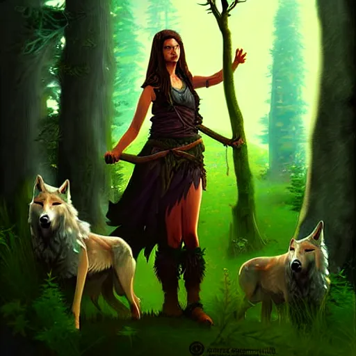a pretty druid surrounded by wolves digital painting, | Stable ...