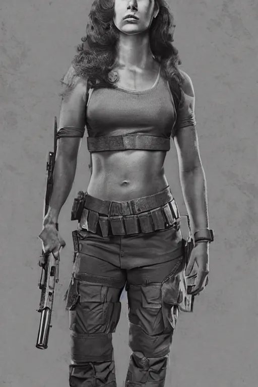 Image similar to lady jaye from g. i. joe, portrait, full body, symmetrical features, silver iodide, 1 8 8 0 photograph, sepia tone, aged paper, sergio leone, master prime lenses, cinematic