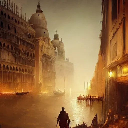 Image similar to venice in a post apocalyptic earth as seen by greg rutkowski, dark theme, enchanted, warm colors, high quality, waw, trending on artstation