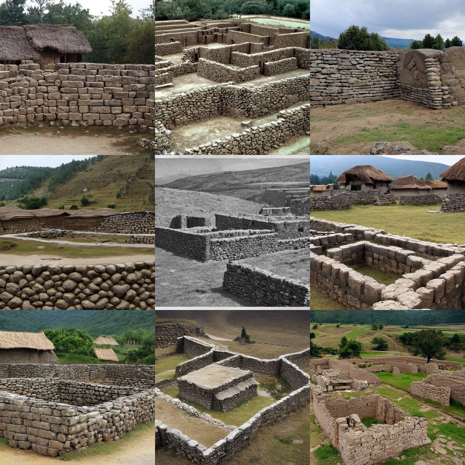 Prompt: twelve hundred bc village surrounded by a wooden wall