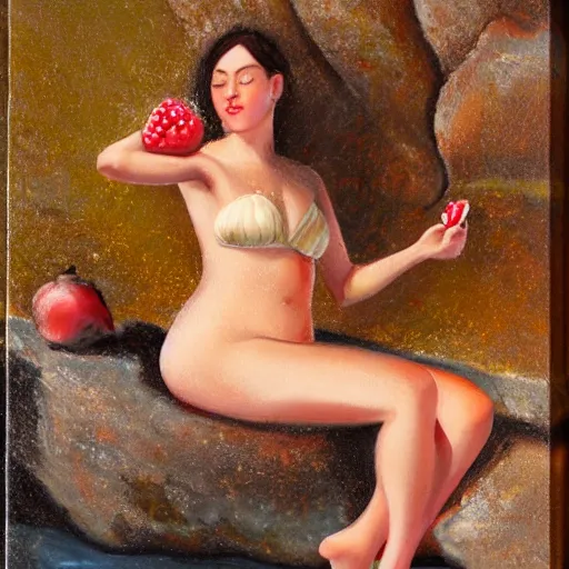 Prompt: oil on canvas woman in a bikini on a rock eating pomegranate dripping juice