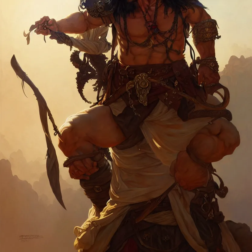 Image similar to , portrait of a 1 male pirate captain of the desert, muscular upper body, D&D, fantasy, intricate, elegant, highly detailed, digital painting, artstation, concept art, smooth, sharp focus, illustration, art by artgerm and greg rutkowski and alphonse mucha