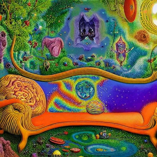 Image similar to psychedelic couch sofa in the lush forest, milky way, designed by moebius, rob gonsalves, gustav dore, giuseppe arcimboldo and carl barks, louis wain, trending on artstation, mediterranean, star, sharp focus, colorful refracted sparkles and lines, soft light, 8 k 4 k