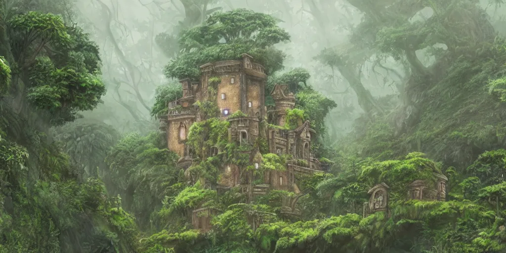 Image similar to a castle hidden in the jungle, overgrown with trees, misty, whimsical, ghibli art style, highly detailed, 4 k