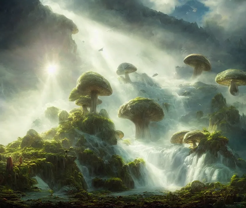 Image similar to floating lands in-clouds, foggy, volumetric fog, sun beams, blooming, bird flocks, giant mushrooms, waterfalls, flying whale; by Tom Bagshaw, Ivan Shishkin, Hans Thoma, Asher Brown Durand