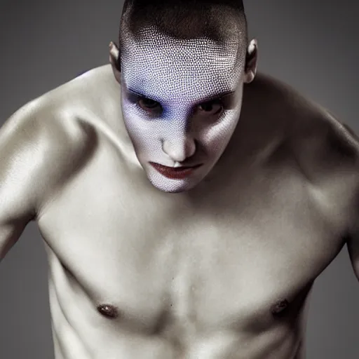 Image similar to an holographic beautiful young athletic male ghost, photographed by erwin olaf