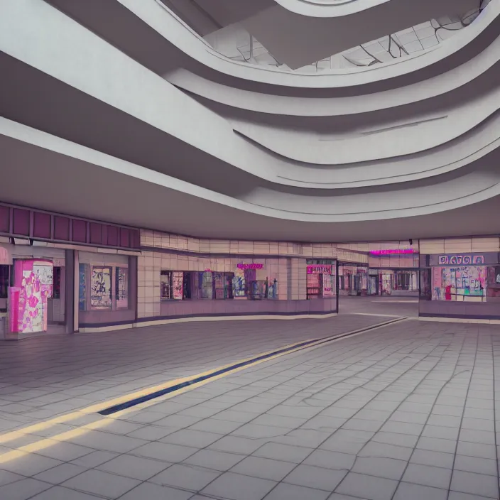 Prompt: vaporwave 7 0 s dreamy empty empty shopping mall, japanese style, highly detailed, 3 d render, vray, octane, realistic lighting, photorealistic