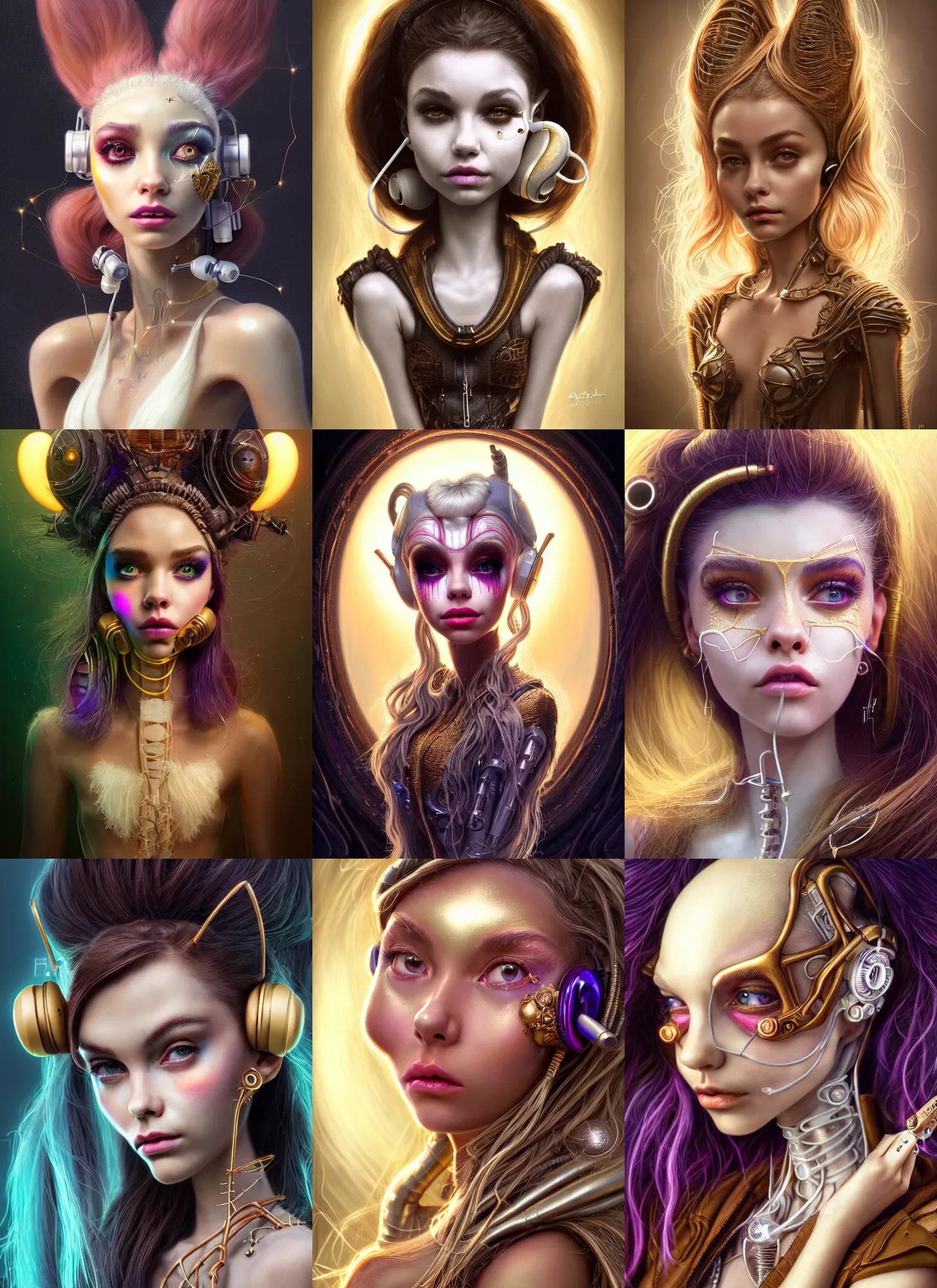 Prompt: disney weta portrait, soft lustrous ivory biotech raver clowncore madison beer white cyborg, earbuds, golden ratio, details, sci - fi, fantasy, cyberpunk, intricate, decadent, highly detailed, digital painting, ever after high, octane render, artstation, concept art, smooth, sharp focus, illustration, art by artgerm, loish, wlop