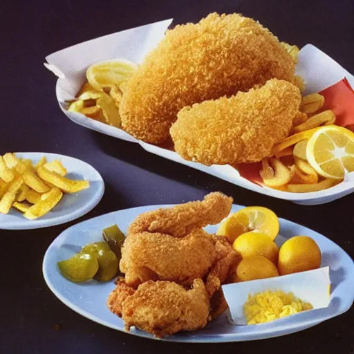 Image similar to 1980s Fast Food commercial photograph of a dish made with lemons, crispy chicken, fried pickles and jalepenos, Lemon sauce dripping over it