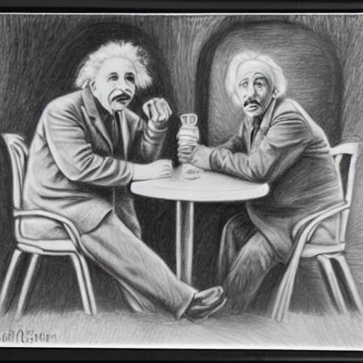 Image similar to Einstein and Tesla sitting at cafe, pencil drawing, ultra detailed