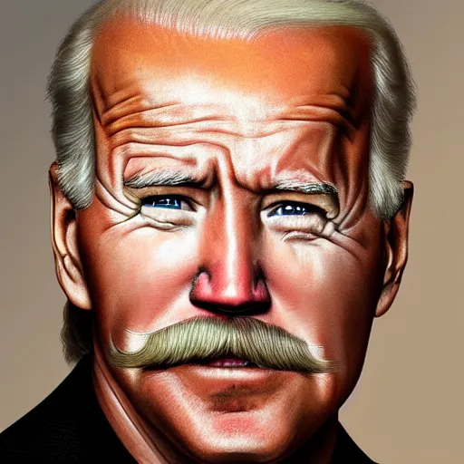 Image similar to Detailed portrait of Joe Biden with large mustache and mullet hair, 8k, realistic, 50mm photograph