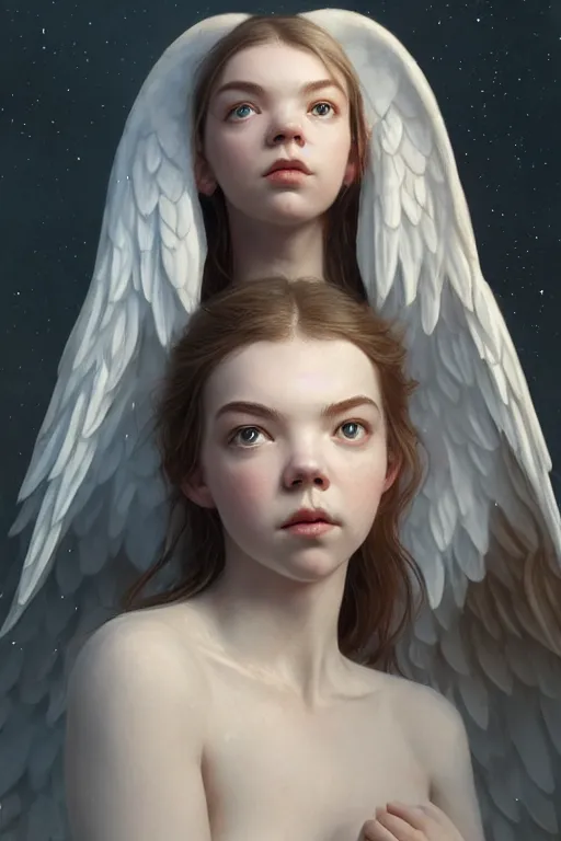 Image similar to anya taylor - joy as a heavenly angel, anatomy, bathing in light, highly detailed, photorealistic, artstation, smooth, sharp focus, illustration, unreal engine 5, 8 k, art by art by artgerm and greg rutkowski and edgar maxence