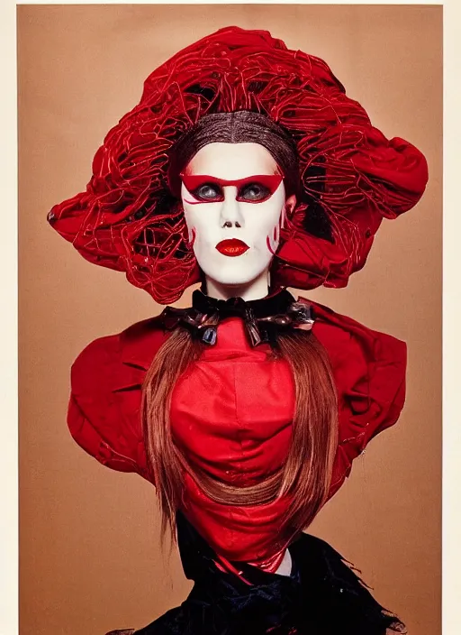 Image similar to an 8 0 s portrait of a woman with dark eye - shadow and red lips with dark slicked back hair, a mask made of wire and hanging beads, dreaming acid - fueled hallucinations, psychedelic by serge lutens, rolf armstrong, delphin enjolras, peter elson, red cloth background, frilled ruffled collar