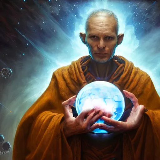 Image similar to the creator of worlds wearing a cloak and holding a holographic planet projection in his hand, detailed, sci - fi, digital painting, artstation, sharp focus, illustration, ominous, artgerm, tomasz alen kopera, peter mohrbacher, donato giancola, joseph christian leyendecker, wlop, frank frazetta