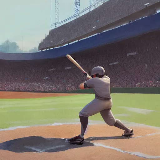 Image similar to baseball player hitting the ball with the baseball bat in the middle of the game and in front of everyone in the stadium, james gurney painting style, greg rutkowski, artstation, octane render, unreal engine 5