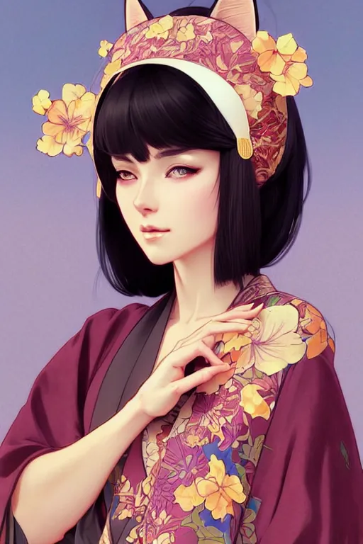 Image similar to A beautiful woman with cat ears who wears kimono, highly detailed, digital painting, artstation, concept art, smooth, sharp focus, illustration, art by artgerm and alphonse mucha, high definition digital art, in the style of Ross tran and ilya kuvshinov