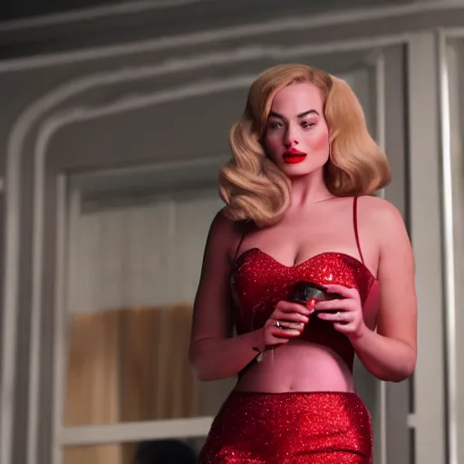 Image similar to Margot Robbie as Jessica Rabbit, still from a live action movie, 50mm, f2.8, panavision, cinematography