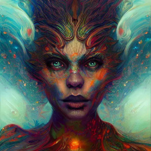 Prompt: A beautiful strange detailed portrait psychedelic out of this world painting of Irreconcilable Personification by Anato Finnstark, Noah Bradley, Raymond Swanland, and Steven Belledin, 8k resolution, deviantart, trending on Artstation, concept art, digital illustration