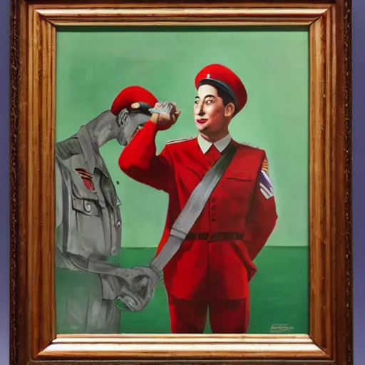 Prompt: Comrade Pee-Wee Herman, army uniform, propaganda painting, socialist realism