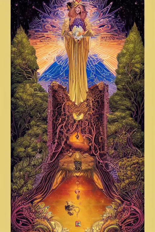 Prompt: beautiful tarot card of the queen of dreams by carol bak and jacek yerka and dan mumford and victo ngai, oil on canvas, intricate border, symmetrical, 8k highly professionally detailed, HDR, CGsociety