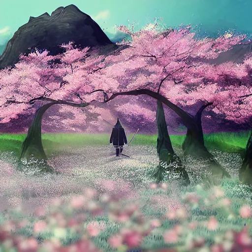 Image similar to A lone samurai watching over a valley of cherry blossom trees, decayed, concept art, HD —H 1024