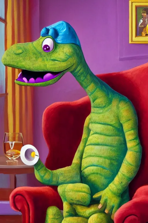 Image similar to still from kids tv show, retired barney the dinosaur, sitting in a lounge, sipping whiskey and smoking a cigar, oil on canvas, intricate, portrait, 8 k highly professionally detailed, hdr, cgsociety