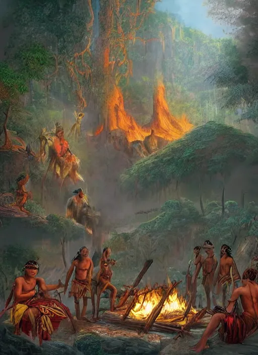 Prompt: a beautiful matte painting of an indigenous tribe around a fire in the jungle, fantasy art