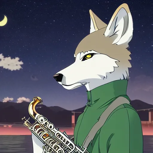 Prompt: modern anime still of beastars legoshi the anthro male grey wolf in a boarding school uniform, playing saxophone on a moonlit beach, official studio anime still