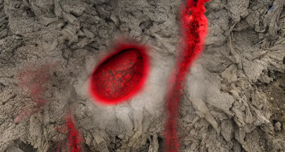 Image similar to a volcano made of ivory vines and crimson rocks enters in eruption, it spits a smoke in the shape of demonic eye, by Fortiche Studio