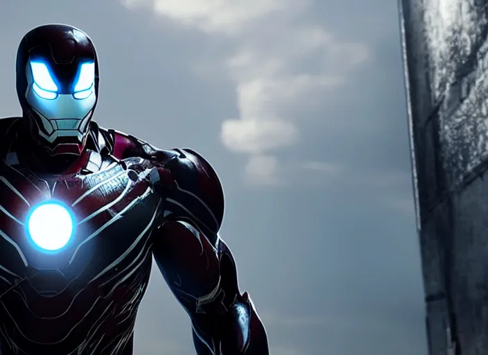 Image similar to venom fused with iron man, ultra realistic 4 k unreal engine very cinematic render with ray tracing bloom ambient occlusion strong reflections