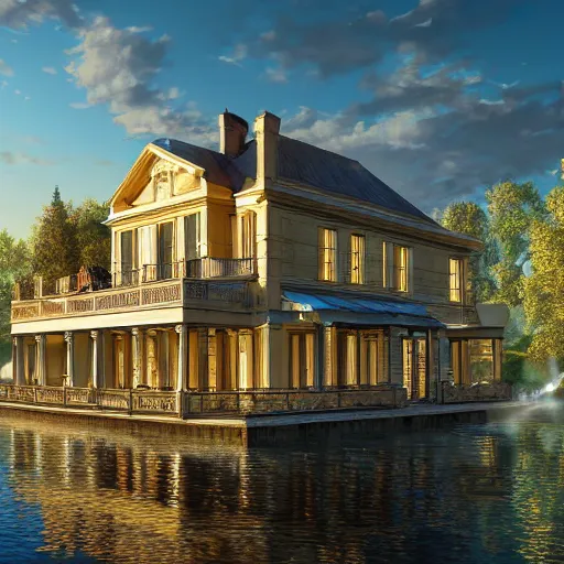 Prompt: a modern country house on the lake, golden hour, spotlight, backlight, sunlight, volumetric light, ray tracing reflections, insanely detailed and intricate, hypermaximalist, elegant, ornate, hyper realistic, super detailed