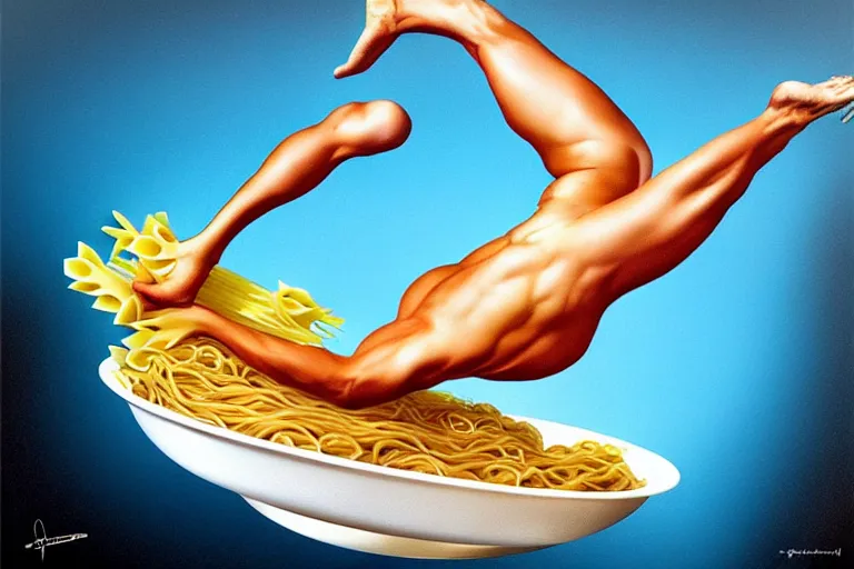 Image similar to olympic diver diving from springoard into a dish of pasta, detailed surrealist art, artgerm