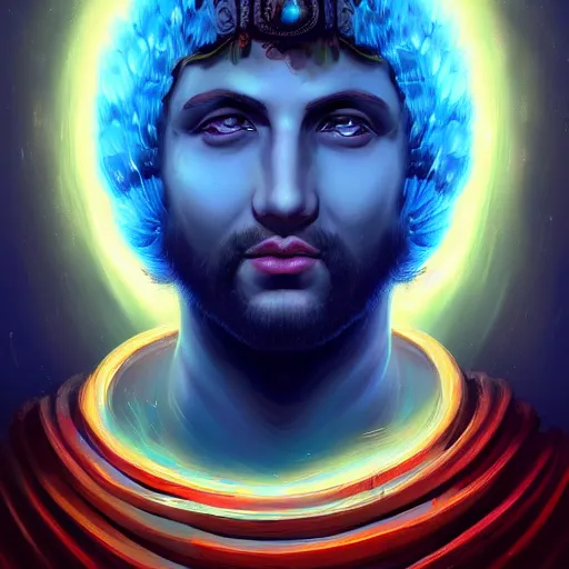 Prompt: detailed portrait of emperor nero, old roman style, non - reflective blue neon cloak, decorated with traditional roman ornaments by rhads, makoto shinkai cyril rolando, madgwick illustrated, perfect face, fine details, realistic shaded, fine - face, pretty face