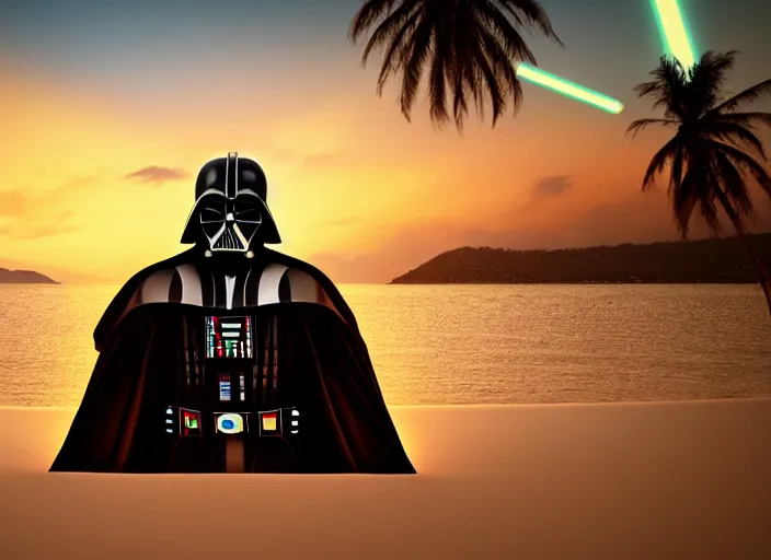 Prompt: symmetry!! closeup!!! symmetrical - face!! darth vader relaxing on a beach in jamaica during sunset with a cocktail, cinematic lighting, sunset, 8 k - resolution!!, hyperrealism, national geographic, award winning, artstation, unreal engine 5, octane, redshift