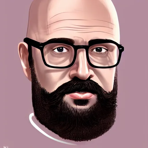 Prompt: a very attractive bearded, bald man wearing glasses with glossy lips. portraiture, highly detailed, digital painting, deviantart, trending on artstation, behance