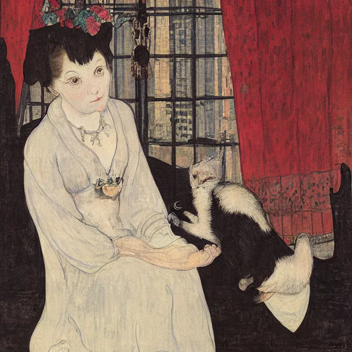 Prompt: close portrait of woman in night gown with cat, with city with gothic cathedral seen from a window frame with curtains. night. lucas cranach, georges de la tour, henri de toulouse - lautrec, utamaro, monet