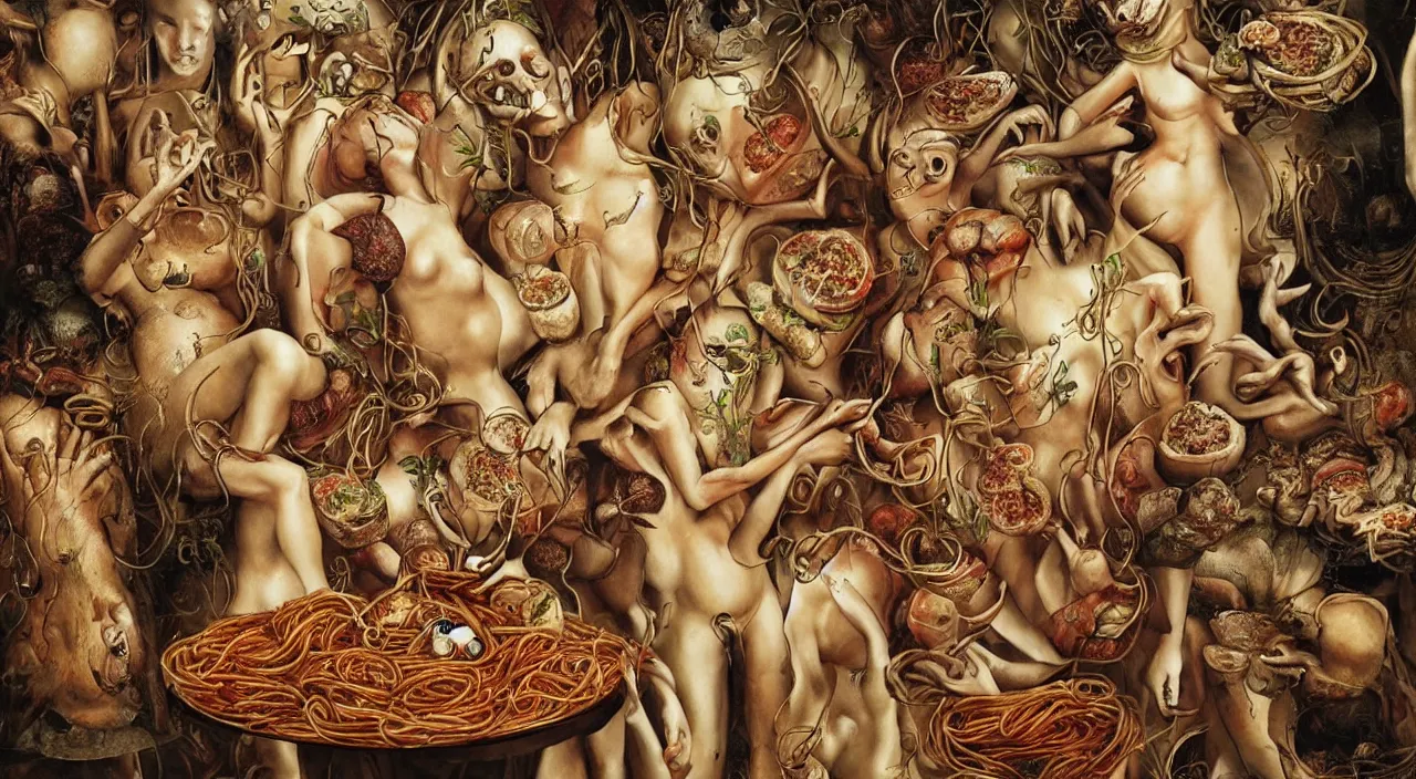 Image similar to illustration, bizarre compositions, blend of perfect woman bodies, spaghetti bolognesa, meatballs by dali, el bosco, exquisite detail