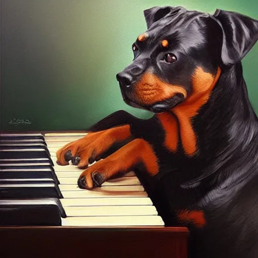 Image similar to rottweiler playing the piano, oil painting, artgerm, portrait, highly detailed, artstation