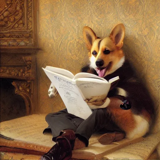 Image similar to a corgi reading a big book, highly detailed painting by gaston bussiere, craig mullins, j. c. leyendecker 8 k