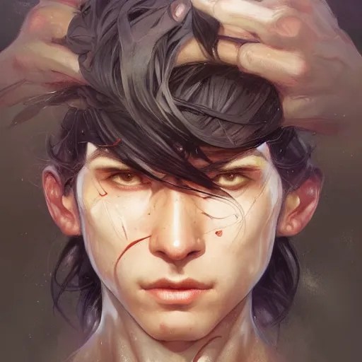 Image similar to beautiful, strong, mixed race, male, face, head shot, fantasy, highly detailed, digital painting, artstation, concept art, smooth, sharp focus, illustration, art by artgerm and greg rutkowski and alphonse mucha