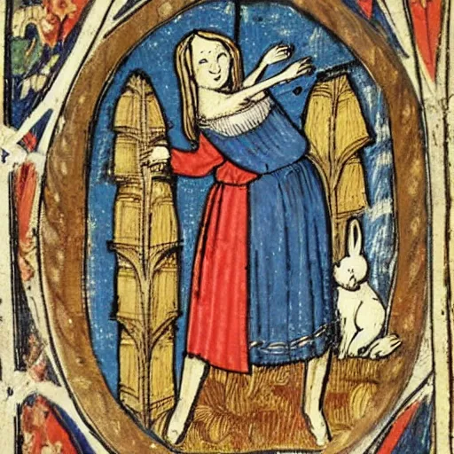 Image similar to a medieval book illustration of a woman and a rabbit dancing at a party