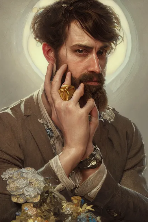 Prompt: close up portrait painting of distingushed gentleman in his den, ultra realistic, concept art, intricate details, serious, highly detailed, photorealistic, octane render, 8 k, unreal engine. art by artgerm and greg rutkowski and alphonse mucha